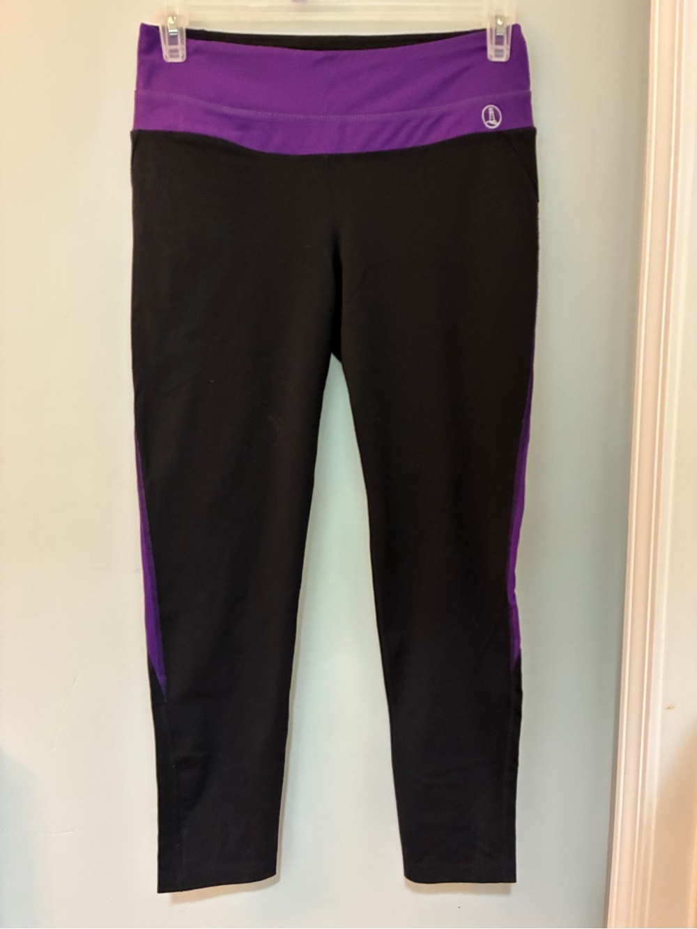 Lands' End Black Leggings with Purple Waistband and Side Panels